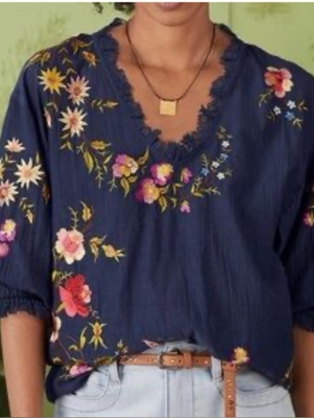 Sundance Embroidered Boho Blouse Size Large Flowy Top Blue Beach